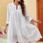 Summer Embroidery Hollow Dress with Lotus Leaf Skirt and Ruffle Sleeves – White