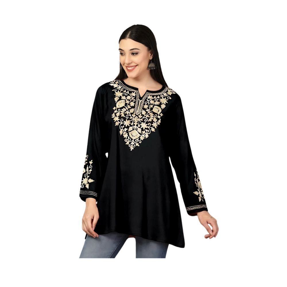 Short length Kurti with Embroidery Work Black