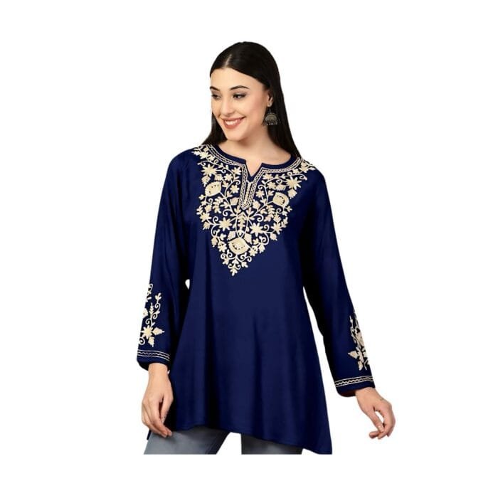 Short length Kurti with Embroidery Work Dark Blue