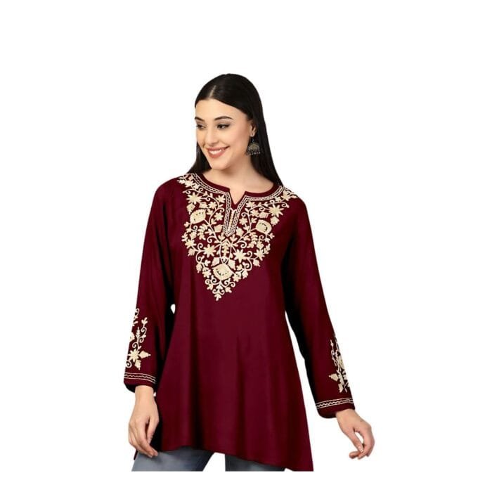 Short length Kurti with Embroidery Work color Mahroon