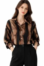 Women’s Brown & Black Abstract Printed Satin Shirt | Stylish Full Sleeve Office Wear Top
