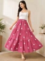Women's Cotton Tiered Maxi Skirt Pink | Casual & Ethnic Wear