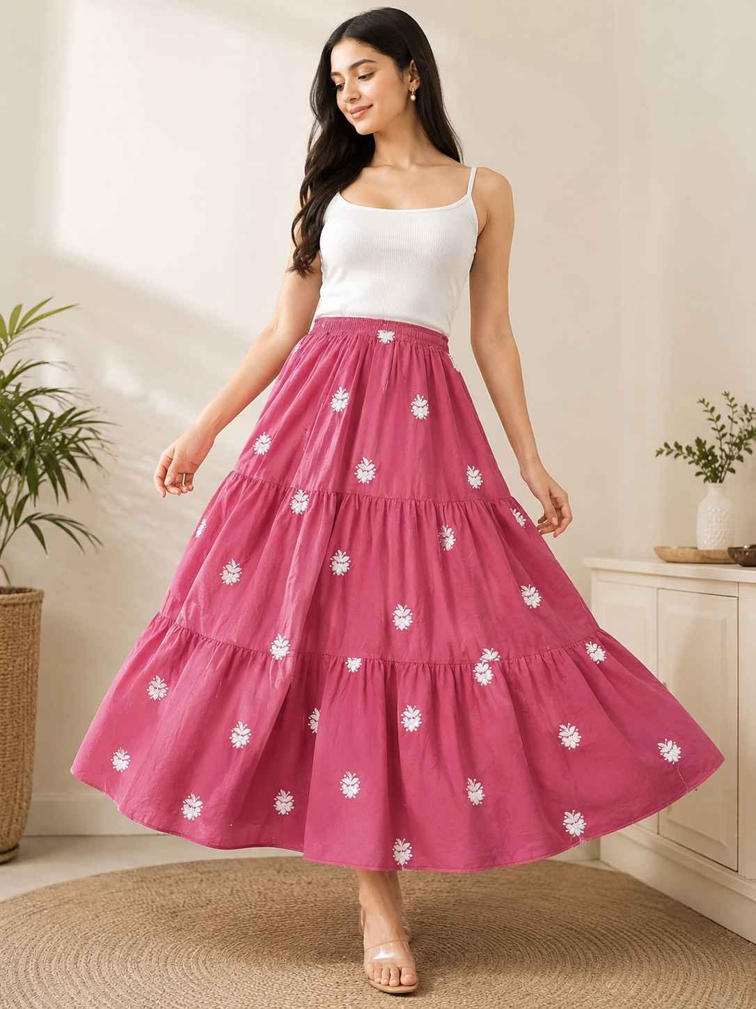 Women's Cotton Tiered Maxi Skirt Pink | Casual & Ethnic Wear Women's Cotton Tiered Maxi Skirt Pink | Casual & Ethnic Wear