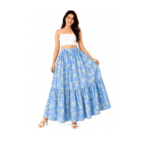 Women's Sky Blue Floral Print Maxi Skirt with Elastic Waist by Mars Fashions