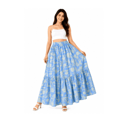 Women's Sky Blue Floral Print Maxi Skirt with Elastic Waist by Mars Fashions