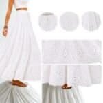Mars Fashion Women's White Cotton Schiffli Long Skirt with Elastic Waist, Tiered Flared Maxi Skirt for Casual, Beach & Summer Wear
