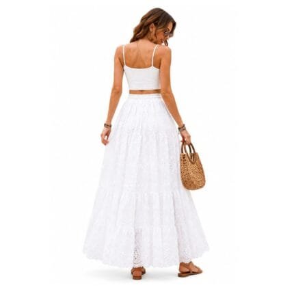 Mars Fashion Women's White Cotton Schiffli Long Skirt with Elastic Waist, Tiered Flared Maxi Skirt for Casual, Beach & Summer Wear